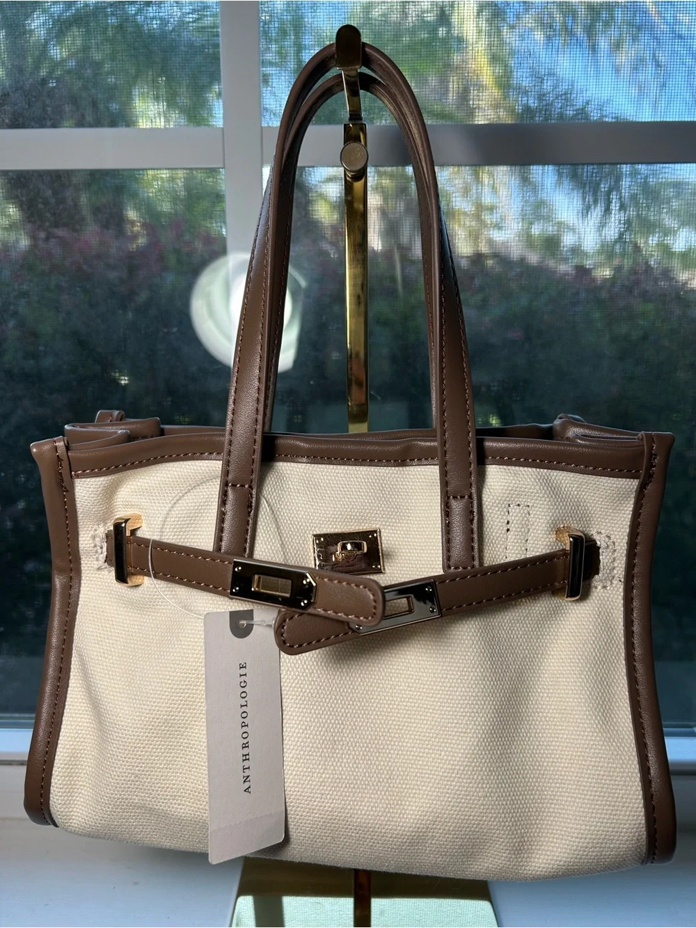 NWT🌷Anthropologie Cream Canvas Tote with Brown Trim and Gold Lock Hardware